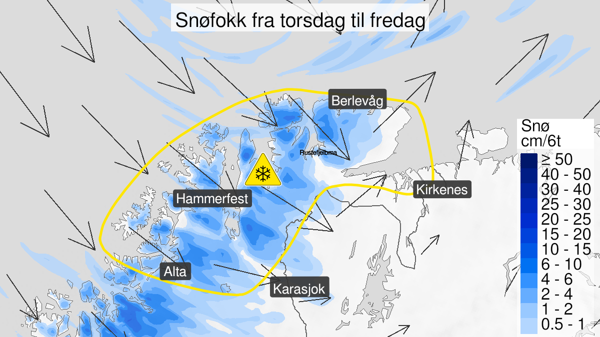 Kart over Kraftig snøfokk, gult nivå, Kyst- og fjordstrøk i Finnmark, 2023-10-05T15:00:00+00:00, 2023-10-06T12:00:00+00:00