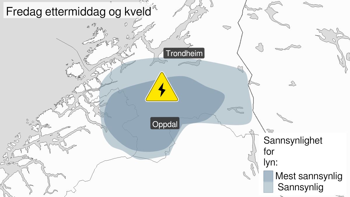 Map of frequent lightning, yellow level, Nordmøre og Sør-Trøndelag, 13 August 13:00 UTC to 13 August 20:00 UTC.