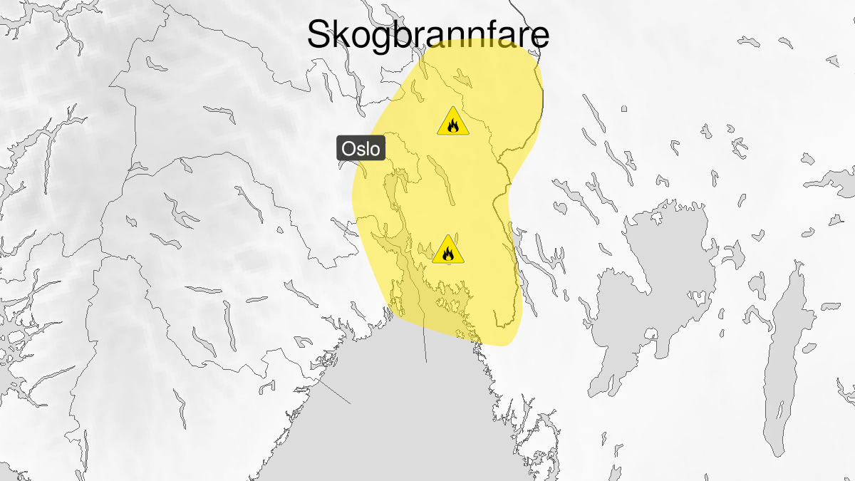 Kart over Skogbrannfare ventes, gult nivå, Deler av Østlandet, 2023-05-10T10:10:00+00:00, 2023-05-15T22:00:00+00:00