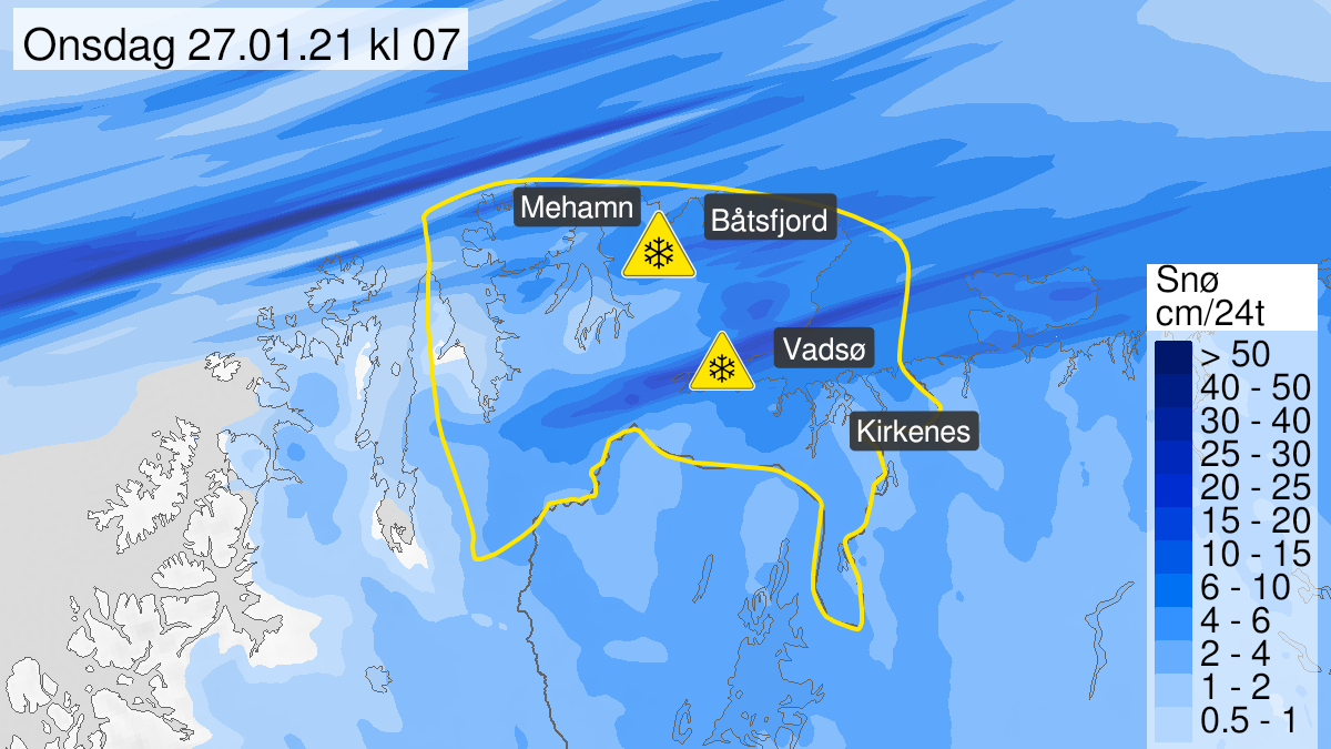 Kart over snø, gult nivå, Øst-Finnmark, 26 January 06:00 UTC til 27 January 06:00 UTC.
