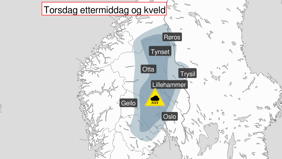 Map of heavy rainshowers, yellow level, Oestlandet and Telemark, 13 August 10:00 UTC to 13 August 22:00 UTC.