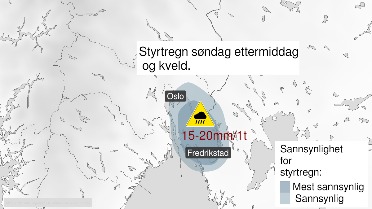 Kart over normale regnbyger, grønt nivå, Østfold, Akershus og Oslo, 08 August 12:00 UTC til 08 August 18:00 UTC.