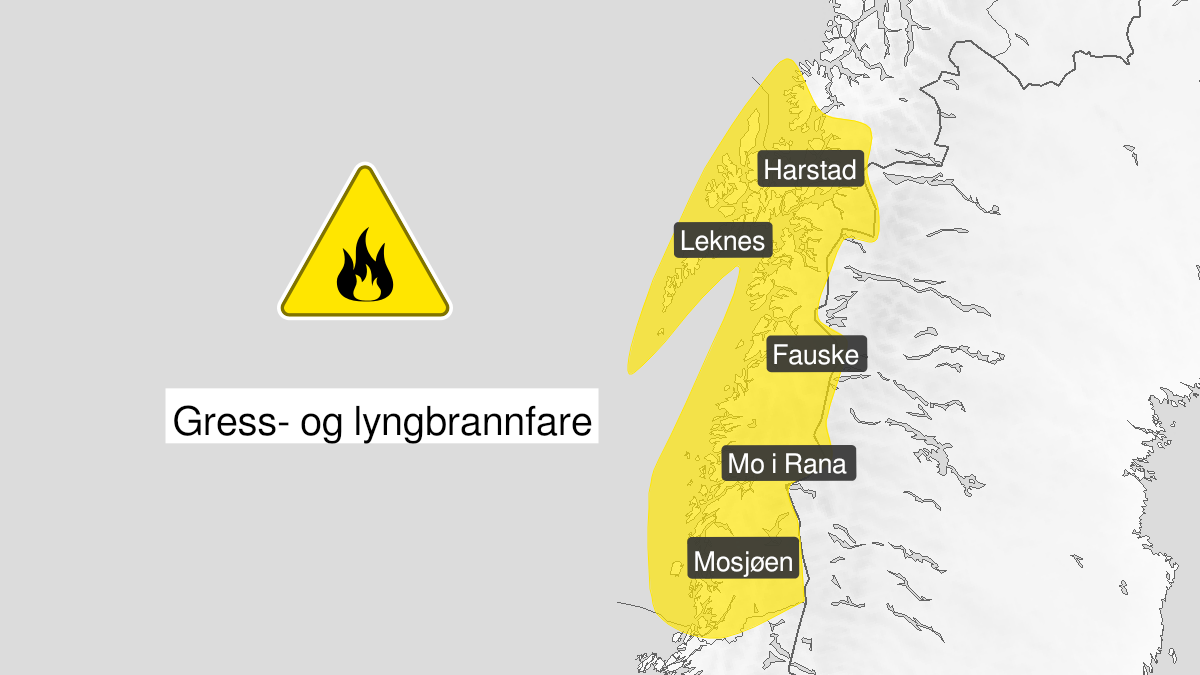Map over Forest fire danger, yellow level, areas without snow in Nordland and parts of Southern Troms, 2024-04-22T22:00:00+00:00, 2024-05-03T18:00:00+00:00