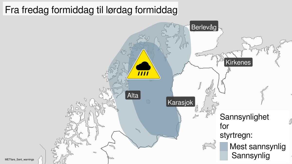Kart over Mulighet for svært kraftig styrtregn, gult nivå,  Deler av Finnmark, 2023-08-04T08:00:00+00:00, 2023-08-05T09:00:00+00:00