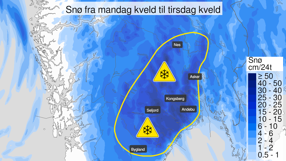 Kart over Snø, gult nivå, Deler av Østlandet og Sørlandet, 2023-01-16T16:00:00+00:00, 2023-01-17T16:00:00+00:00