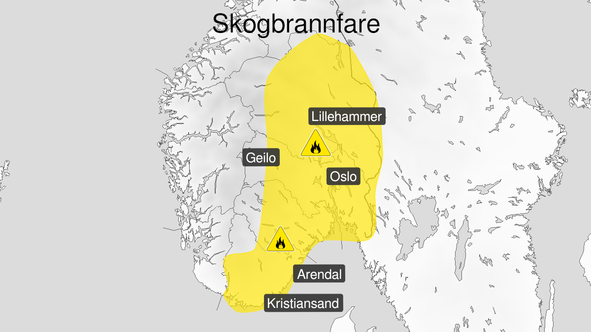 Map over Forest fire danger, yellow level, Agder and  Østlandet, 2023-05-30T08:00:00+00:00, 2023-06-05T20:00:00+00:00