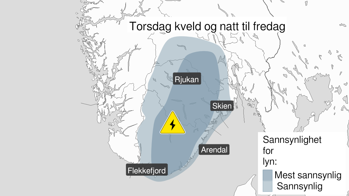 Kart over Mye lyn, gult nivå, Agder, Telemark, Vestfold og Buskerud, 2024-06-27T17:00:00+00:00, 2024-06-28T03:00:00+00:00