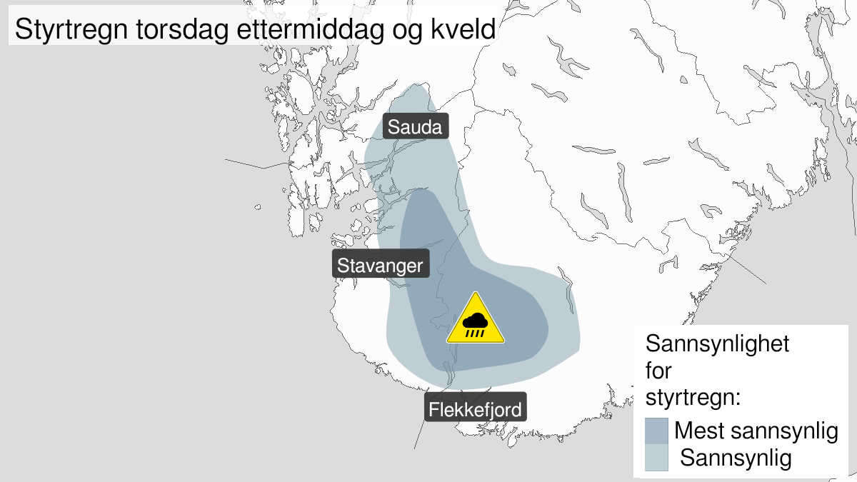 Map over Heavy rainshowers, yellow level, Parts of Agder and Rogaland, 2023-06-15T15:00:00+00:00, 2023-06-15T21:00:00+00:00