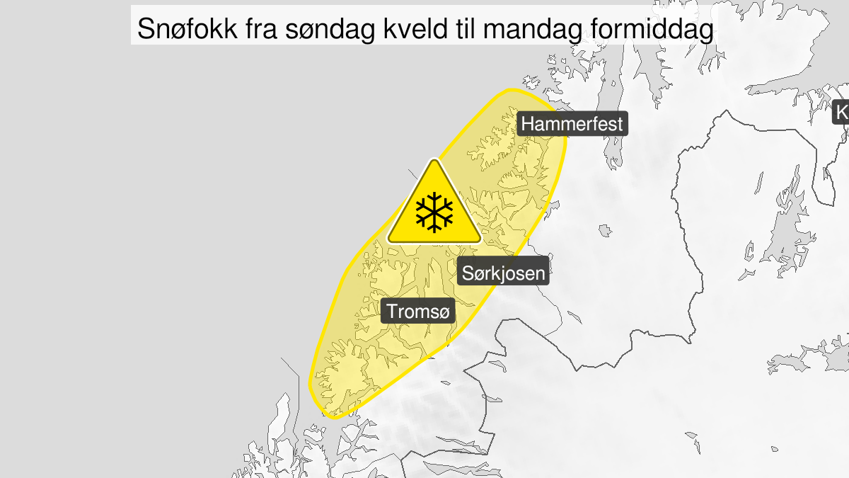 Kart over Kraftig snøfokk, gult nivå, Deler av Nordland, Troms og Vest-Finnmark, 2024-03-17T19:00:00+00:00, 2024-03-18T07:00:00+00:00