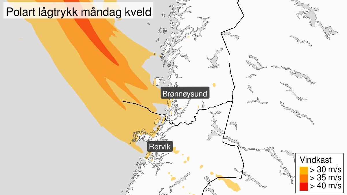 Polart lavtrykk, gult nivå, Helgeland, 25 March 15:00 UTC til 25 March 21:00 UTC.