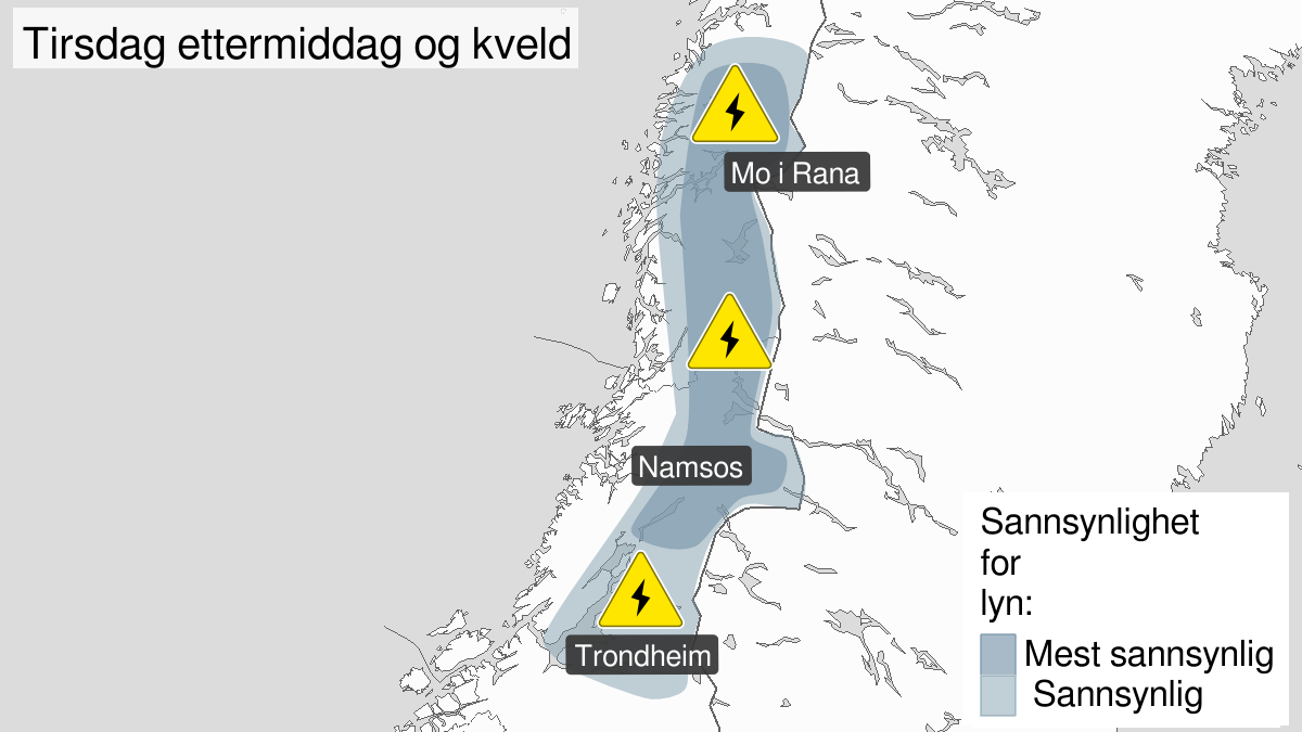 Kart over Mye lyn, gult nivå, Deler av Trøndelag og Nordland, 2023-06-20T12:00:00+00:00, 2023-06-20T20:00:00+00:00