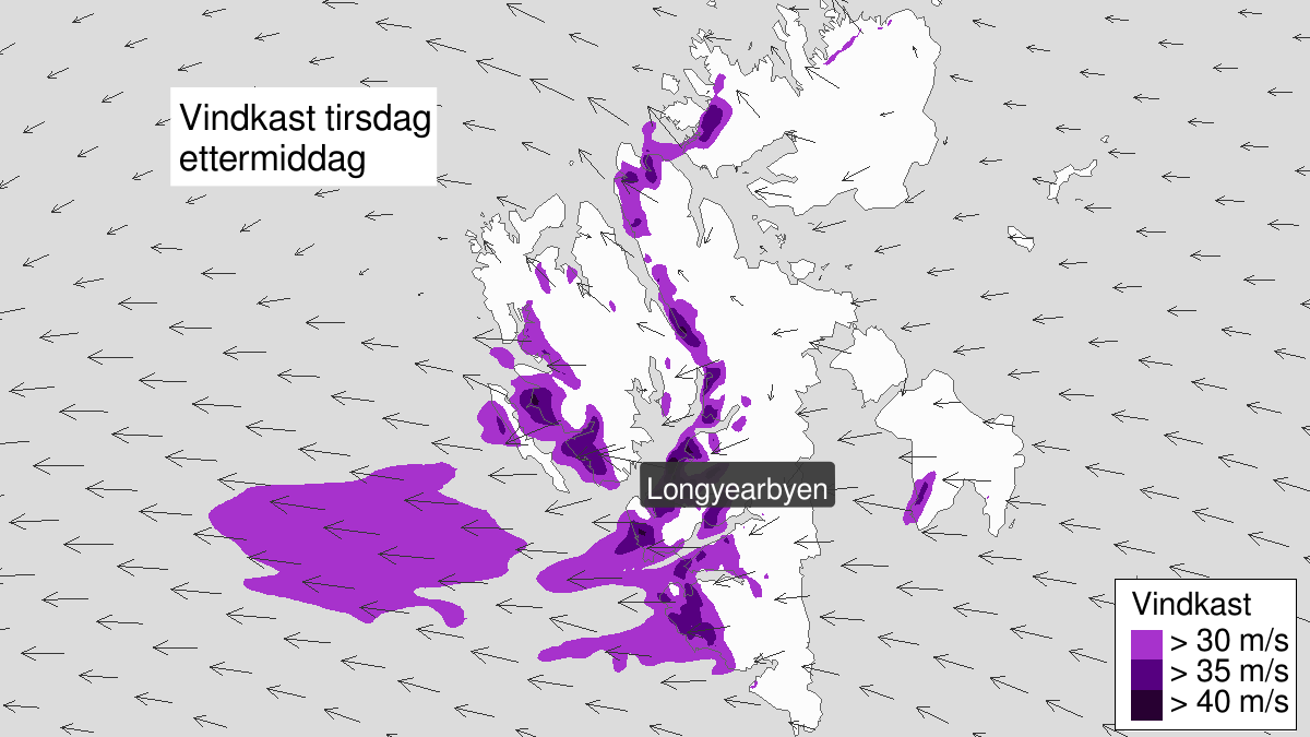 Strong wind gusts, yellow level, Nordenskiöld Land på Spitsbergen, 07 January 12:00 UTC to 07 January 20:00 UTC.