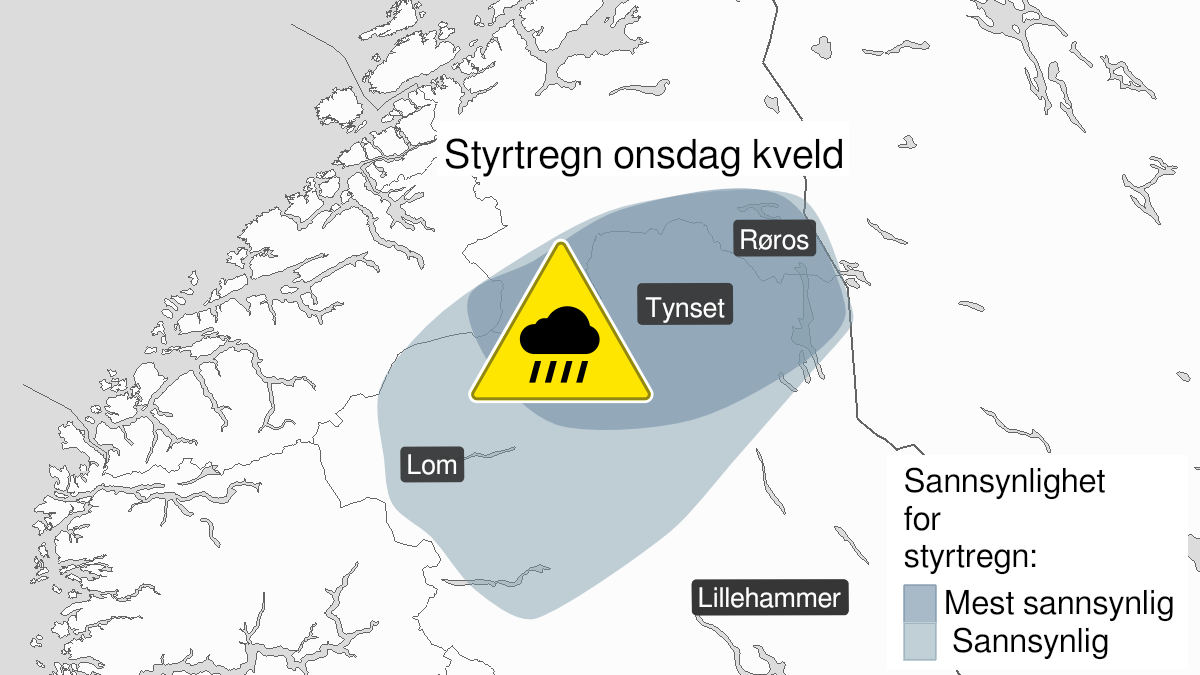 Kart over Styrtregn, gult nivå, Nord på Østlandet , 2023-06-14T16:00:00+00:00, 2023-06-14T20:00:00+00:00