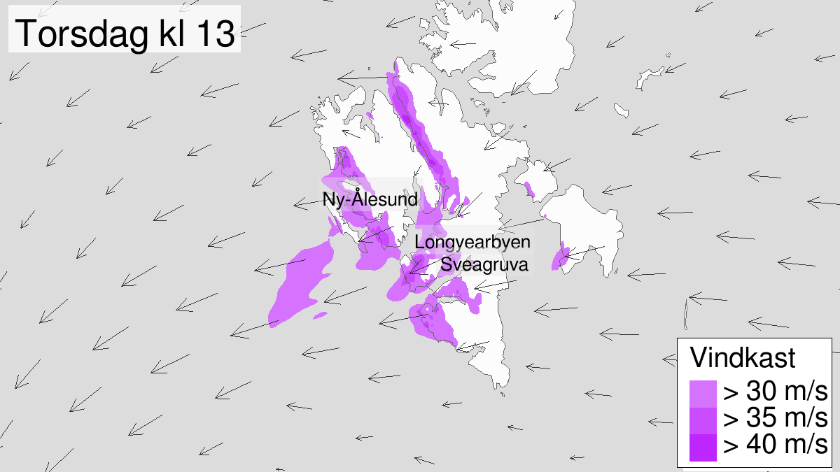 Strong wind gusts, yellow level, Nordenskiöld Land på Spitsbergen, 05 December 00:00 UTC to 05 December 16:00 UTC.