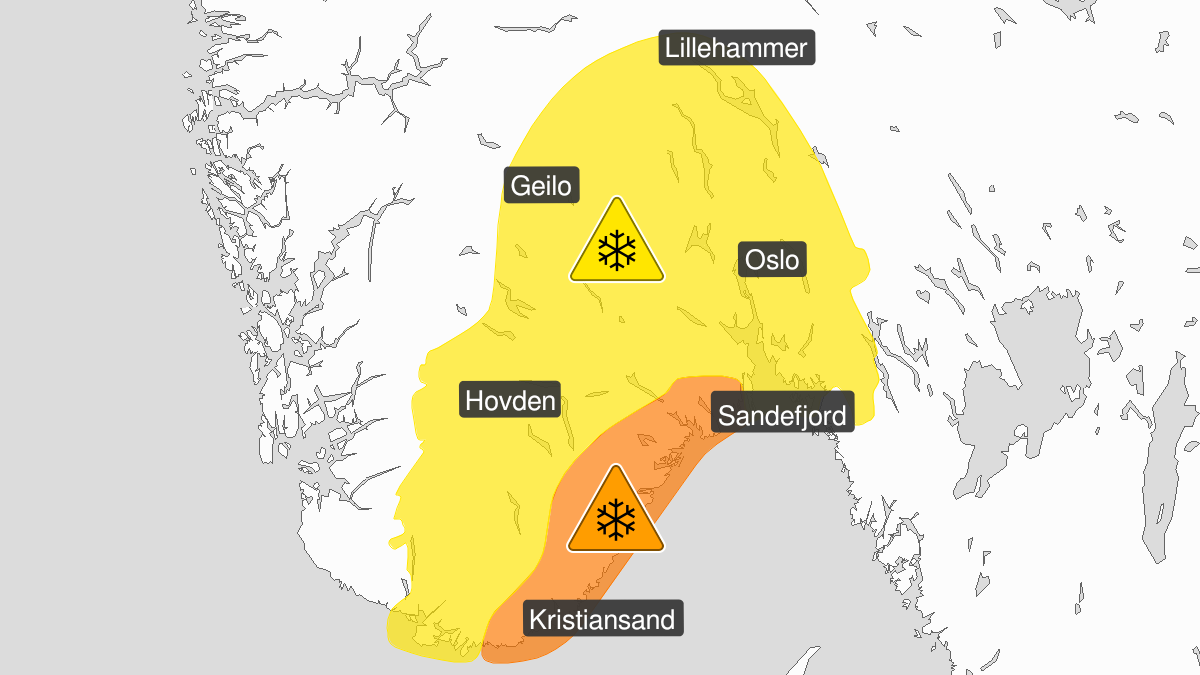 Kart over Snø, gult nivå, Deler av Sør- og Østlandet, 2023-12-31T10:00:00+00:00, 2024-01-02T08:00:00+00:00