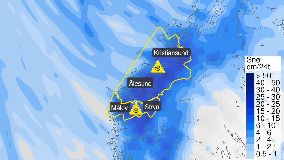 Map of snow, yellow level, Møre og Romsdal, 09 April 06:00 UTC to 11 April 05:00 UTC.