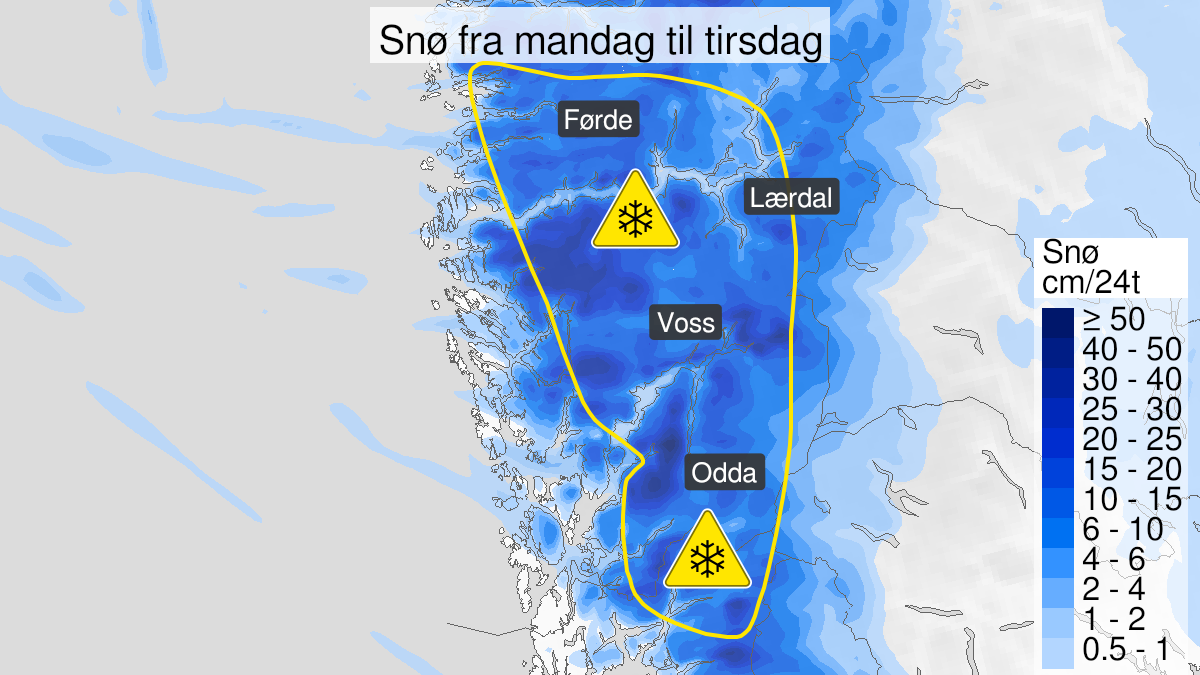 Map over Snow, yellow level, Parts of Vestlandet south of Stad, 2023-12-24T11:00:00+00:00, 2023-12-26T05:00:00+00:00