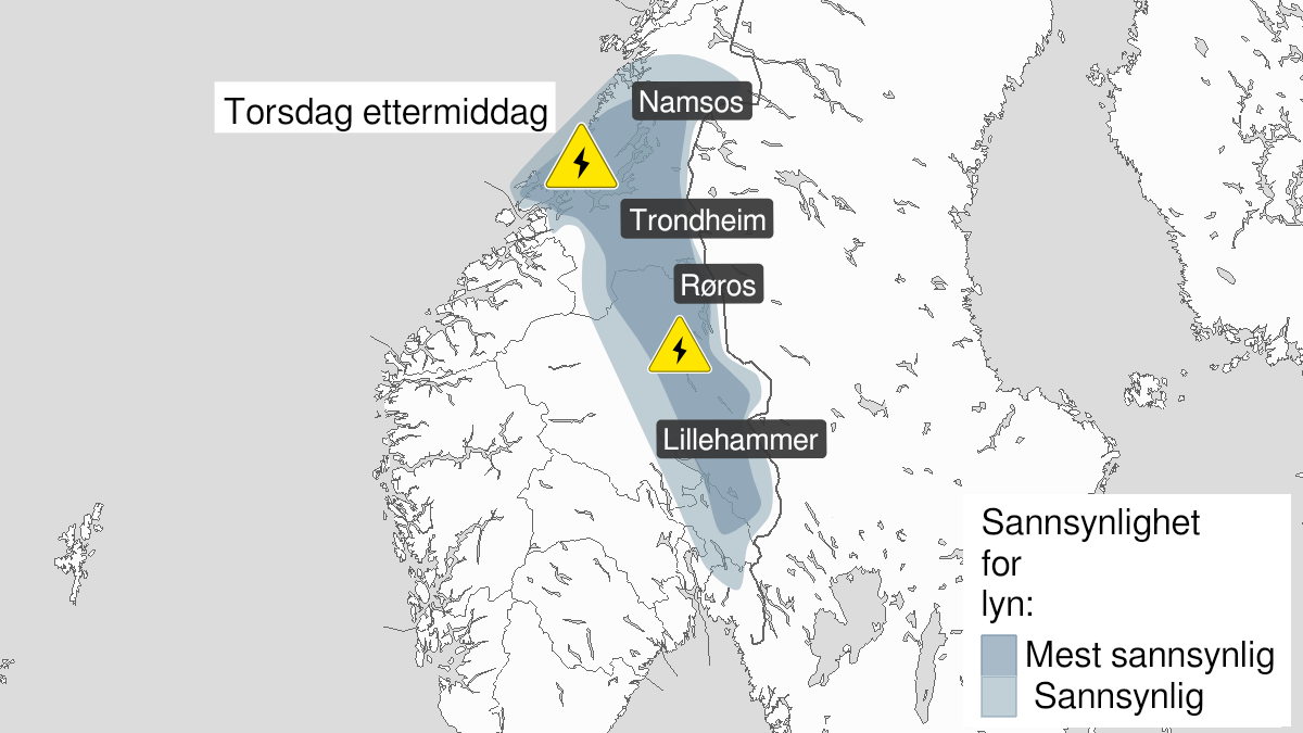 Map over Frequent lightning, yellow level, Parts of Trøndelag and Østlandet, 2024-06-06T11:00:00+00:00, 2024-06-06T19:00:00+00:00