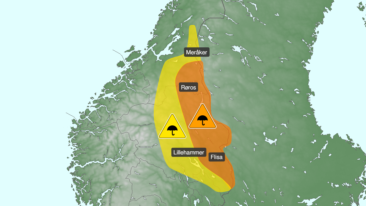 Map over Very heavy rain ongoing, orange level, Eastern parts of Innlandet and South-Troendelag, 2024-09-09T06:00:00+00:00, 2024-09-10T08:00:00+00:00