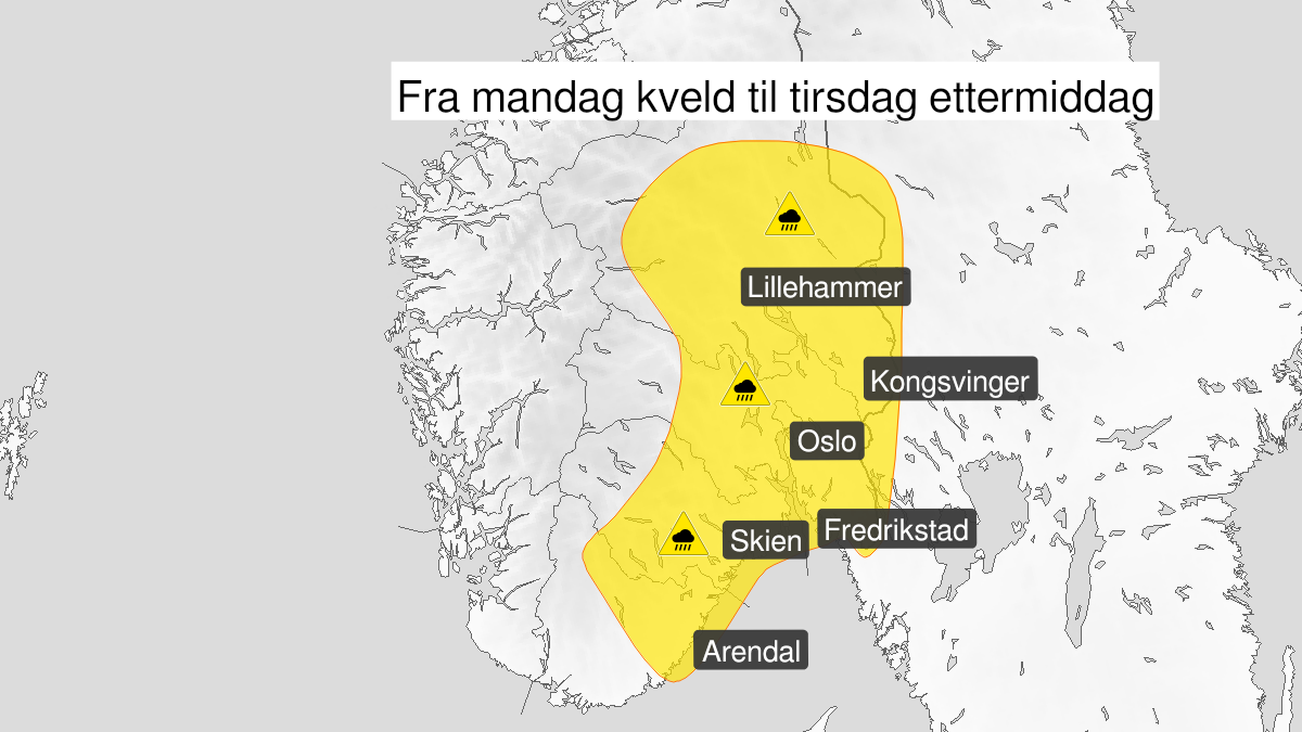 Kart over Styrtregn pågår, gult nivå, Deler av Østlandet og Agder, 2022-09-12T19:00:00+00:00, 2022-09-13T14:00:00+00:00