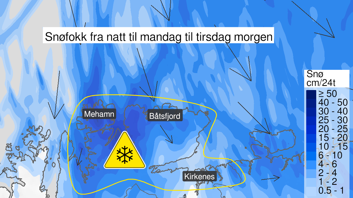 Kart over Kraftig snøfokk, gult nivå, Deler av Øst-Finnmark, 2023-03-13T02:00:00+00:00, 2023-03-14T04:00:00+00:00