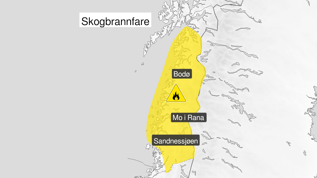 Map over Forest fire danger, yellow level, Parts of Nordland, 2024-05-24T09:00:00+00:00, 2024-05-31T09:00:00+00:00