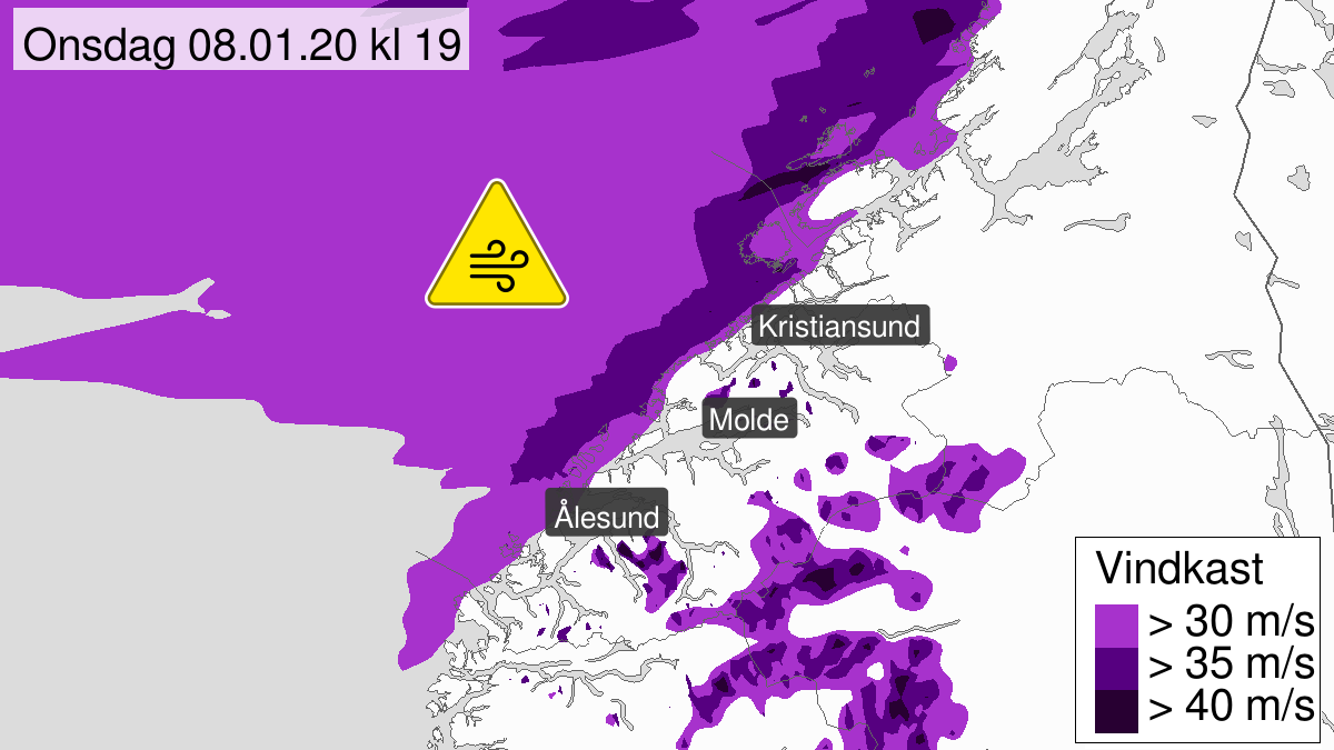 Kraftige vindkast, gult nivå, Møre og Romsdal, 08 January 09:00 UTC til 09 January 03:00 UTC.