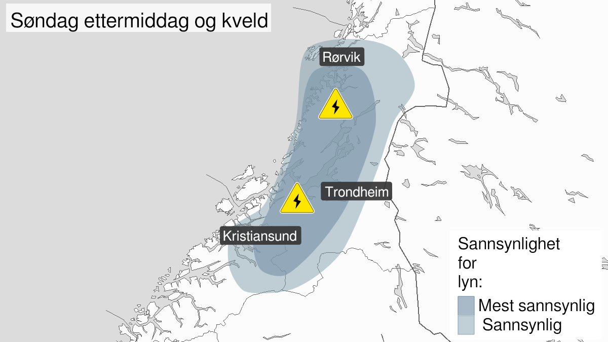 Kart over Mye lyn, gult nivå, Deler av Trøndelag og Nordmøre, 2023-08-13T14:00:00+00:00, 2023-08-13T16:30:00+00:00