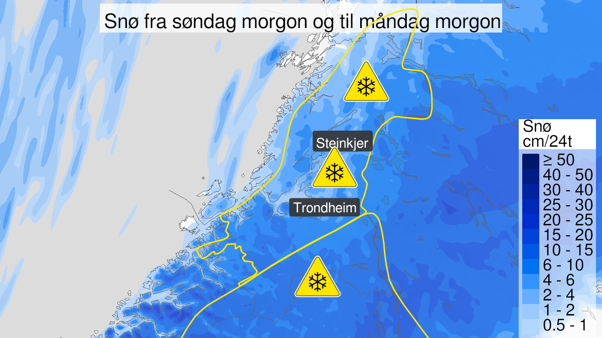 Kart over Snø, gult nivå, Deler av Trøndelag, 2023-04-23T05:00:00+00:00, 2023-04-24T03:00:00+00:00
