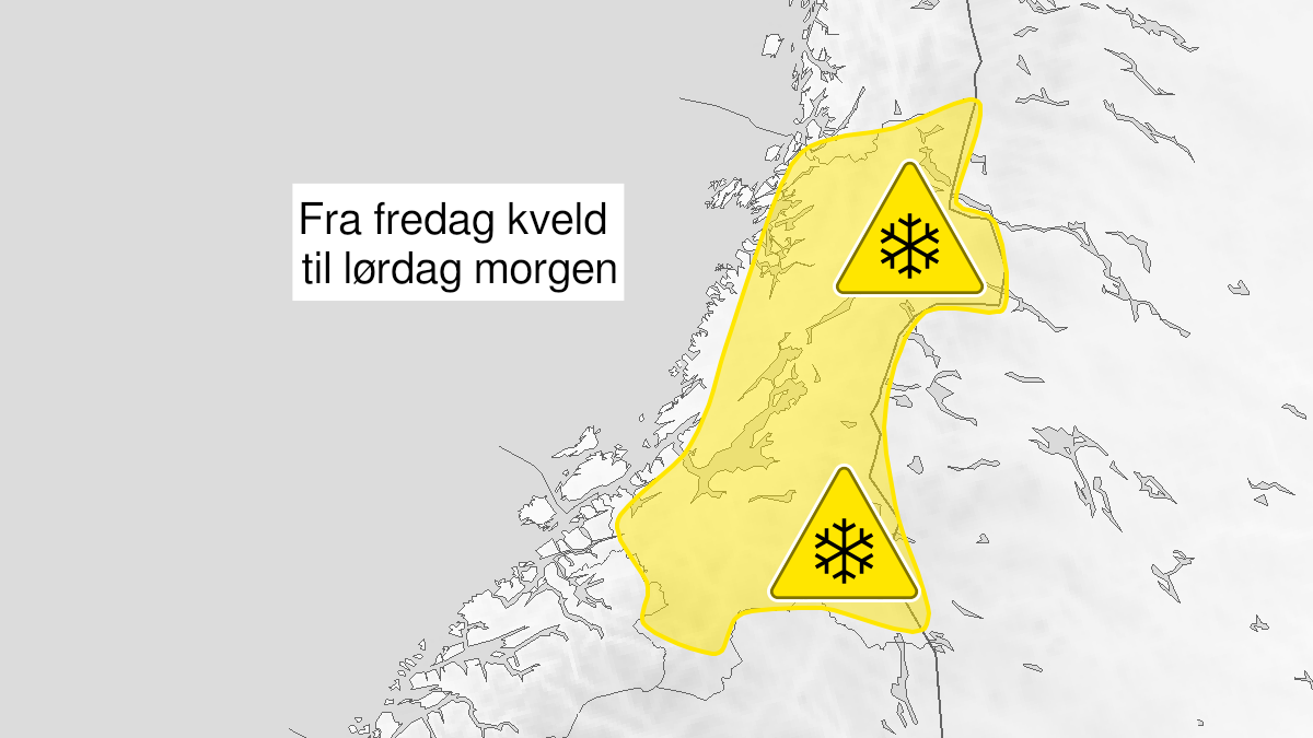 Kart over snø, gult nivå, Trøndelag, 25 March 16:00 UTC til 26 March 06:00 UTC.