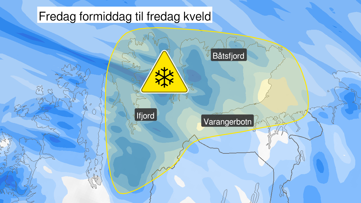 Kart over kraftig snøfokk, gult nivå, Øst-Finnmark, 11 February 09:00 UTC til 11 February 23:00 UTC.