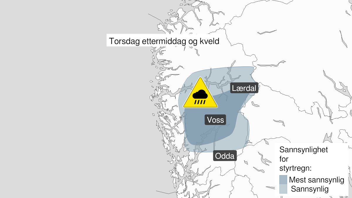 Kart over Nedgradert varsel for styrtregn, Deler av Hordaland og Sogn og Fjordane
