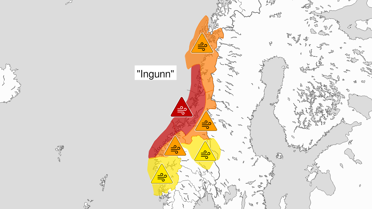 Kart over Svært kraftige vindkast, oransje nivå, Deler av Trøndelag og Helgeland , 2024-02-01T02:00:00+00:00, 2024-02-01T12:00:00+00:00
