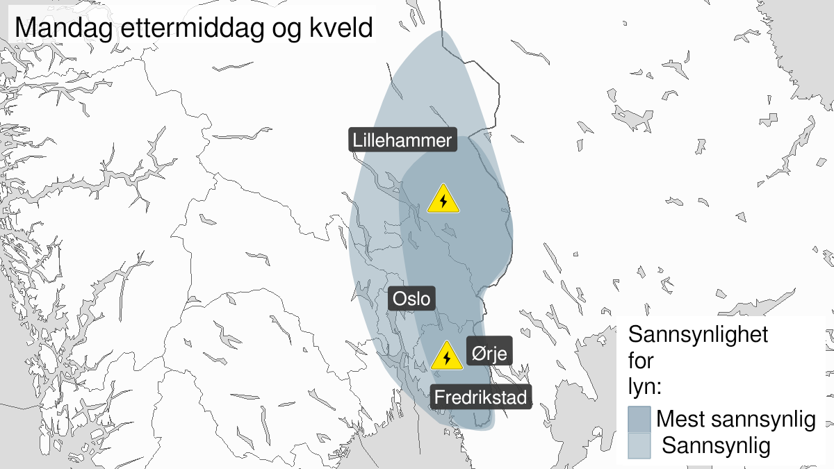 Kart over Mye lyn, gult nivå, Østlige deler av Østlandet, 2024-05-27T12:00:00+00:00, 2024-05-27T19:00:00+00:00