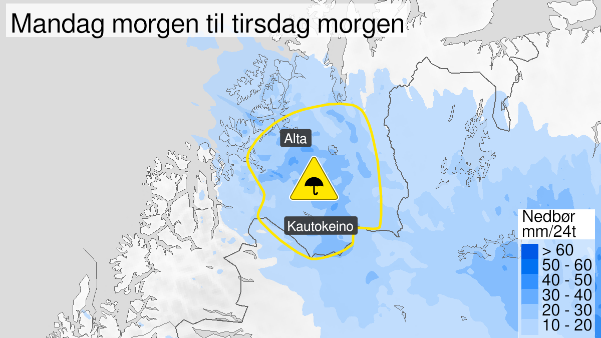 Map of heavy rain, yellow level, Vest-Finnmark med Vidda, 13 September 06:00 UTC to 14 September 06:00 UTC.
