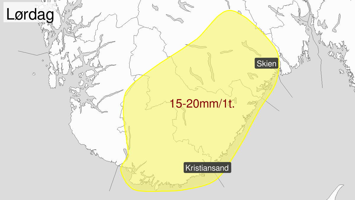 Kraftige regnbyger, gult nivå, Telemark og Agder, 09 August 22:00 UTC til 10 August 17:00 UTC.