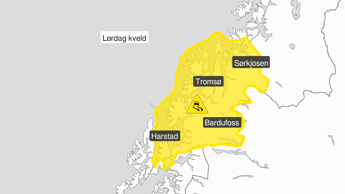 Kart over Is, gult nivå, Troms, 2023-01-21T18:00:00+00:00, 2023-01-22T00:00:00+00:00