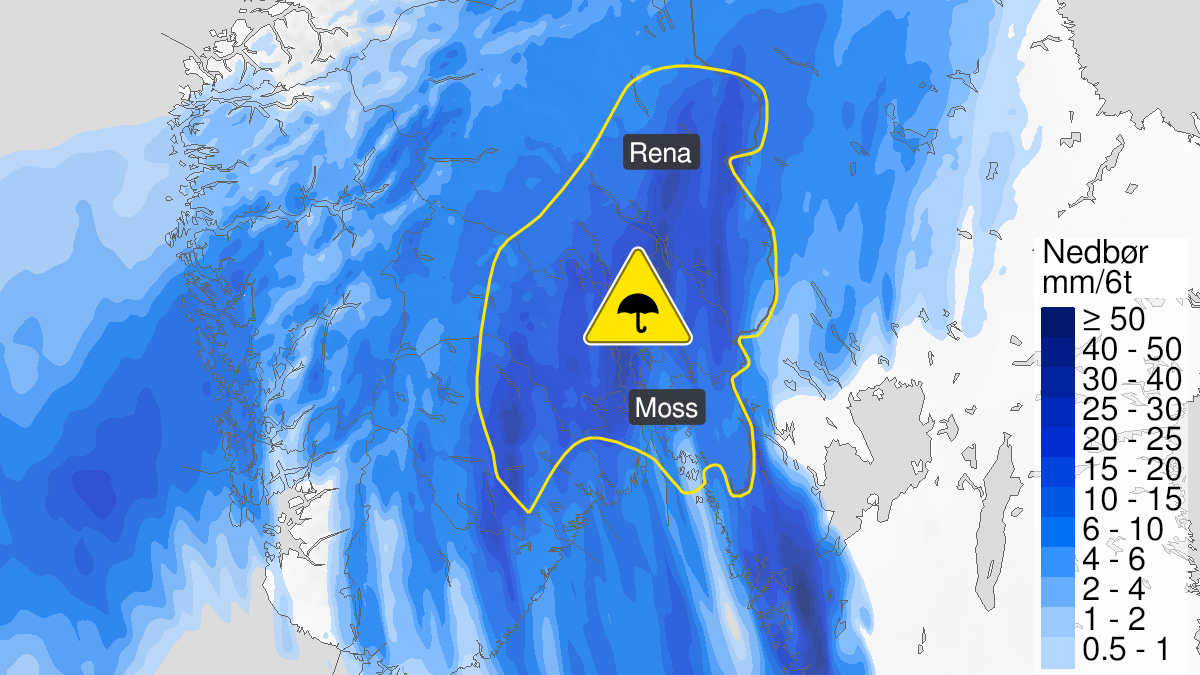Map over Heavy rain, yellow level, Parts of Eastern Norway, 2024-07-10T07:00:00+00:00, 2024-07-10T16:00:00+00:00
