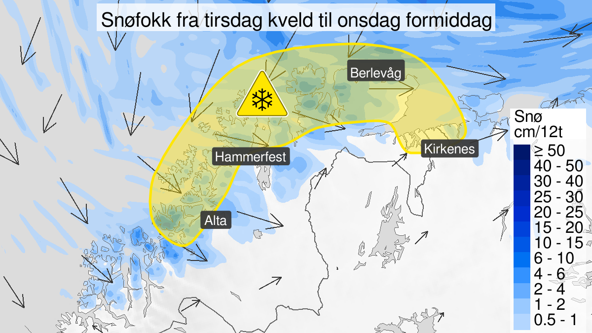 Kart over Kraftig snøfokk, gult nivå, Kyst- og fjordstrøk av Finnmark, 2023-11-14T20:00:00+00:00, 2023-11-15T08:00:00+00:00