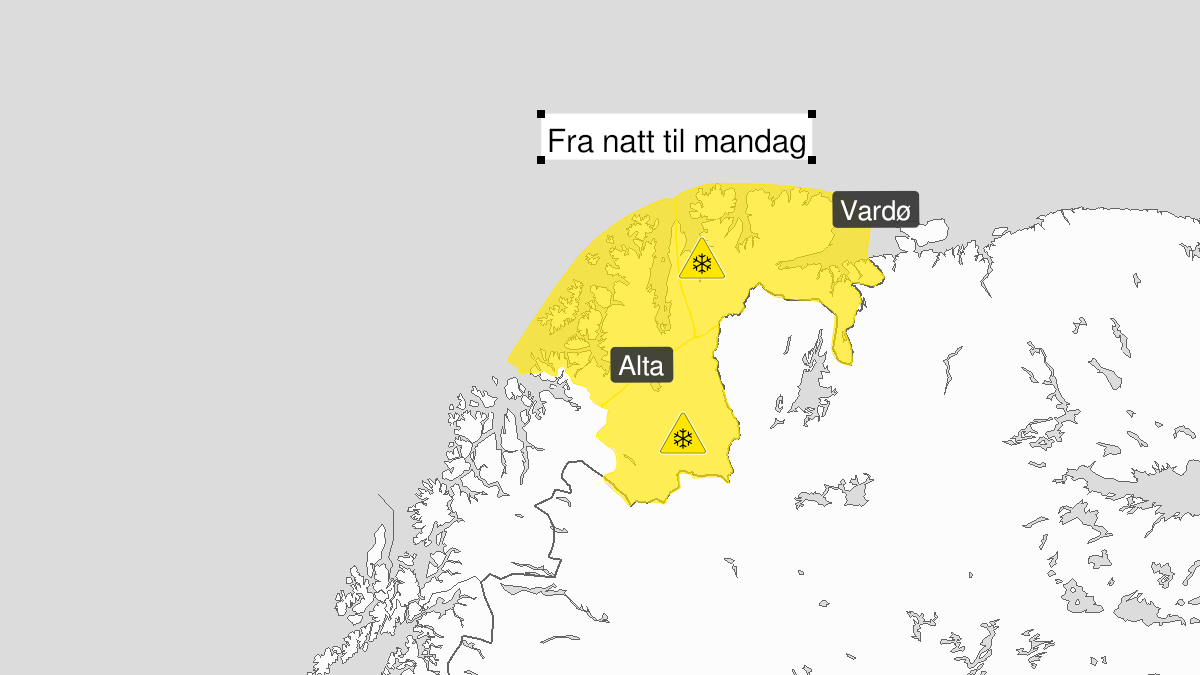 Map of blowing snow, yellow level, Finnmark, 18 October 00:00 UTC to 18 October 12:00 UTC.