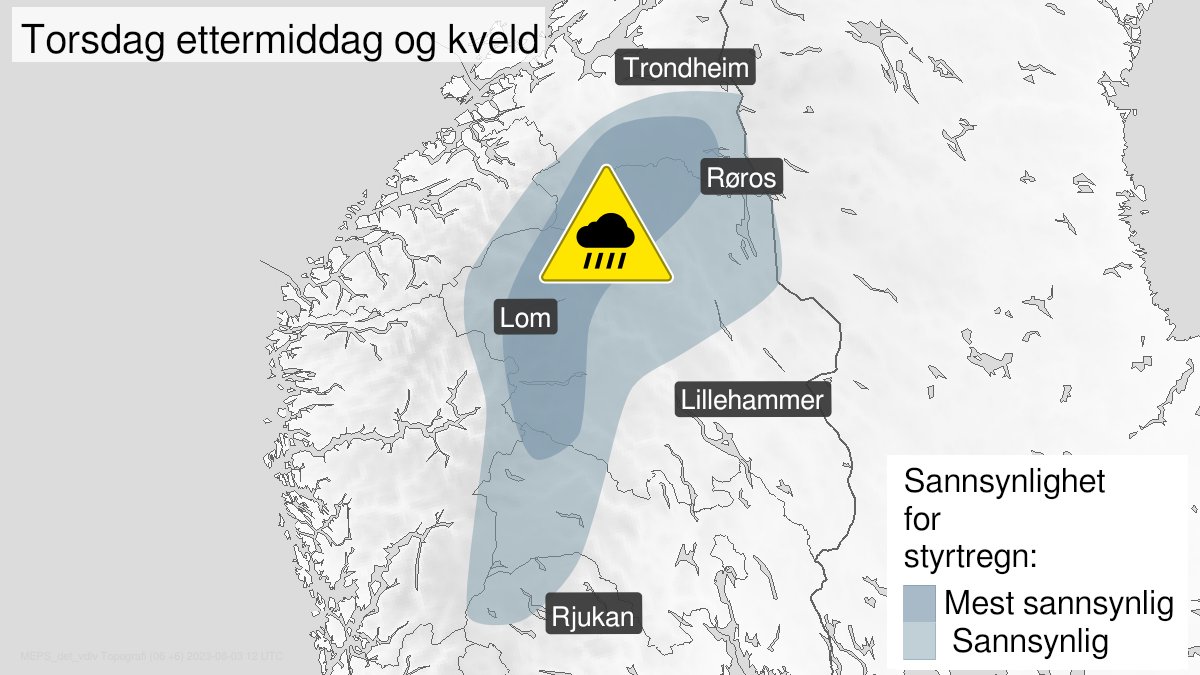 Kart over Styrtregn, gult nivå, Deler av Sør-Norge, 2023-08-03T12:00:00+00:00, 2023-08-03T20:00:00+00:00