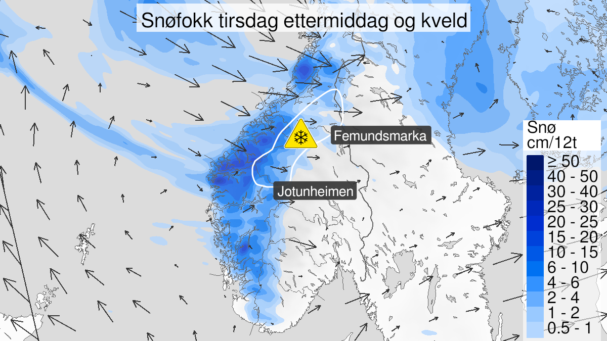 Kart over Kraftig snøfokk, gult nivå, Deler av Fjellet i Sør-Norge, 2022-12-27T16:00:00+00:00, 2022-12-27T21:00:00+00:00