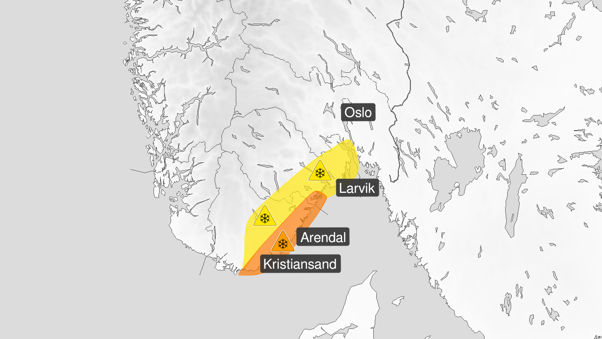 Kart over Kraftig snøfokk, gult nivå, Deler av Agder og Østlandet, 2024-01-02T11:00:00+00:00, 2024-01-03T18:00:00+00:00
