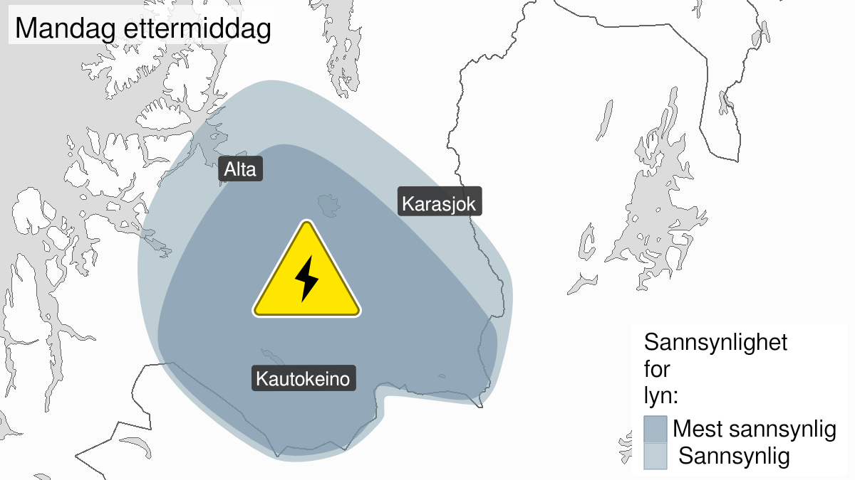 Map over Frequent lightning, yellow level, Finnmarksvidda, Altafjord, Badderfjord, 2023-06-19T13:00:00+00:00, 2023-06-19T19:00:00+00:00