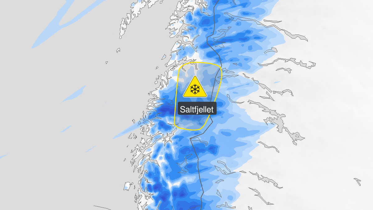 Kart over kraftig snøfokk, gult nivå, Saltfjellet, 18 March 20:00 UTC til 19 March 09:00 UTC.