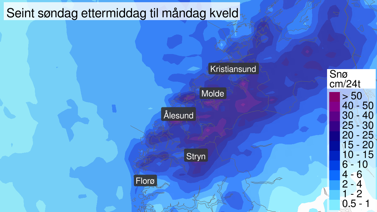 Map of heavy snow, yellow level, Nordfjord and Moere and Romsdal, 12 April 14:00 UTC to 13 April 16:00 UTC.