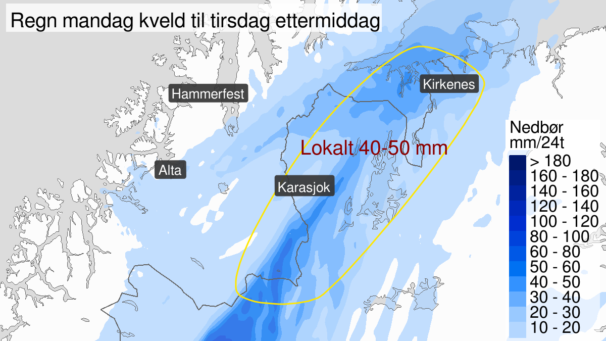 Kart over mye regn, gult nivå, Øst-Finnmark og Finnmarksvidda, 29 June 18:00 UTC til 30 June 18:00 UTC.