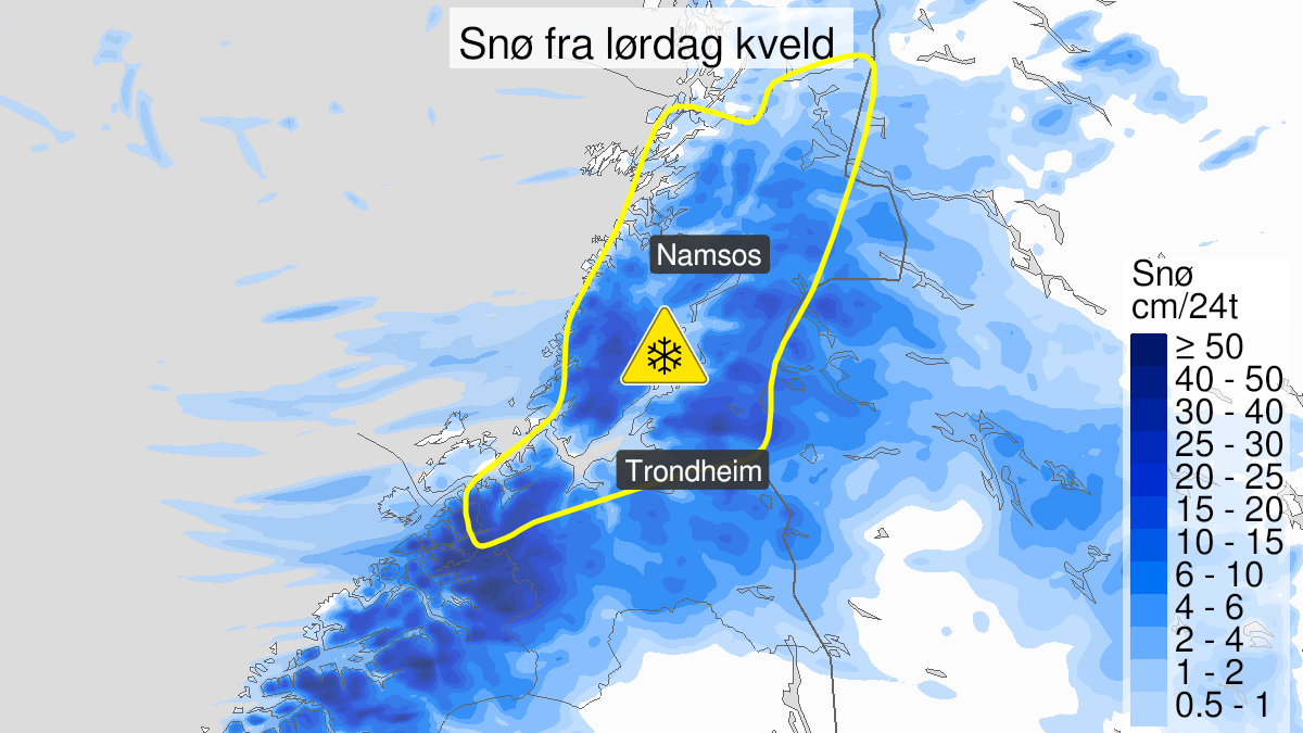 Kart over Snø, gult nivå, Deler av Trøndelag, 2023-04-29T18:00:00+00:00, 2023-05-01T12:00:00+00:00