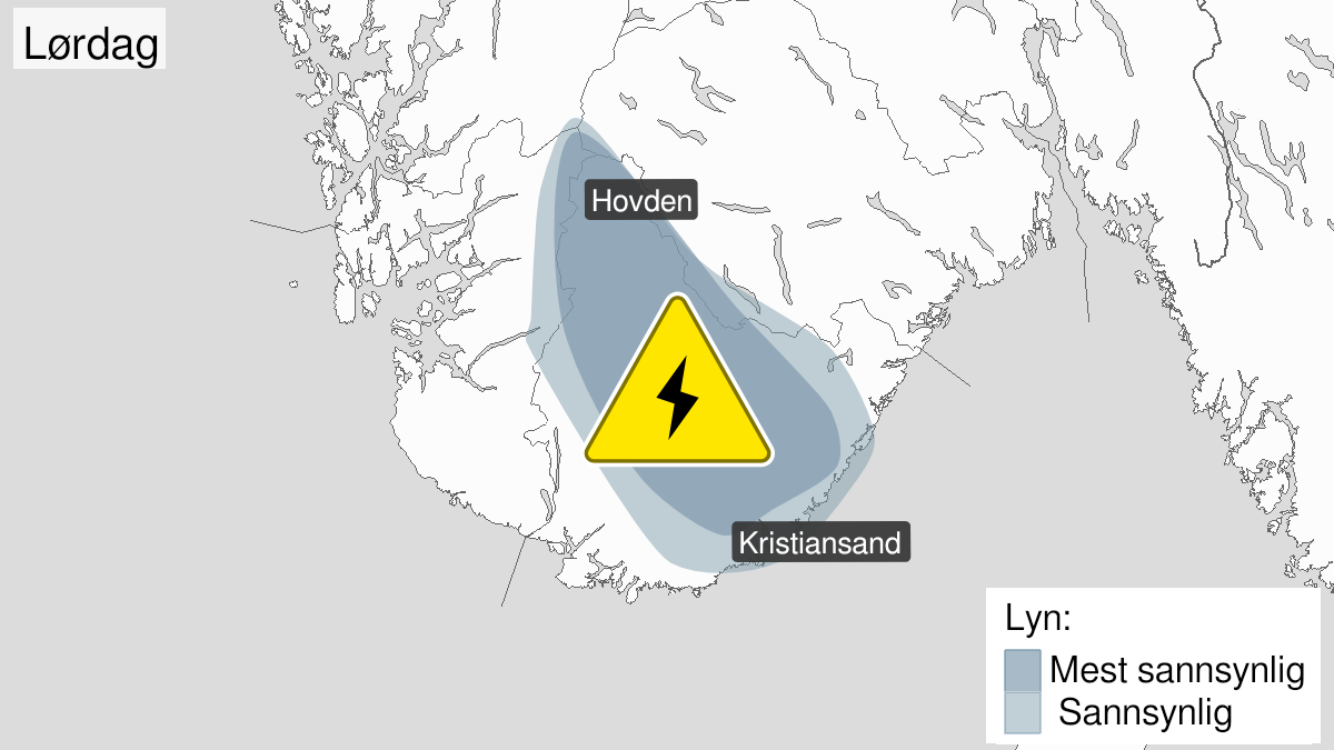 Kart over mye lyn pågår, gult nivå, Agder, 10 July 13:00 UTC til 10 July 19:00 UTC.