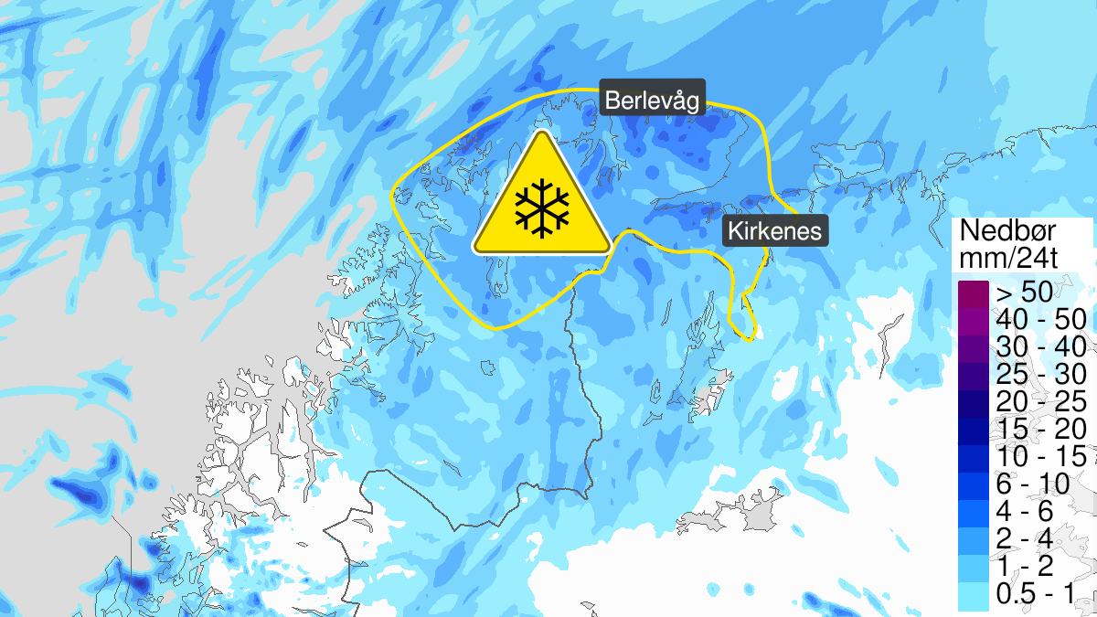 Map of heavy snow, yellow level, Kyst- and fjordstroekene i Finnmark, 16 May 22:00 UTC to 19 May 04:00 UTC.
